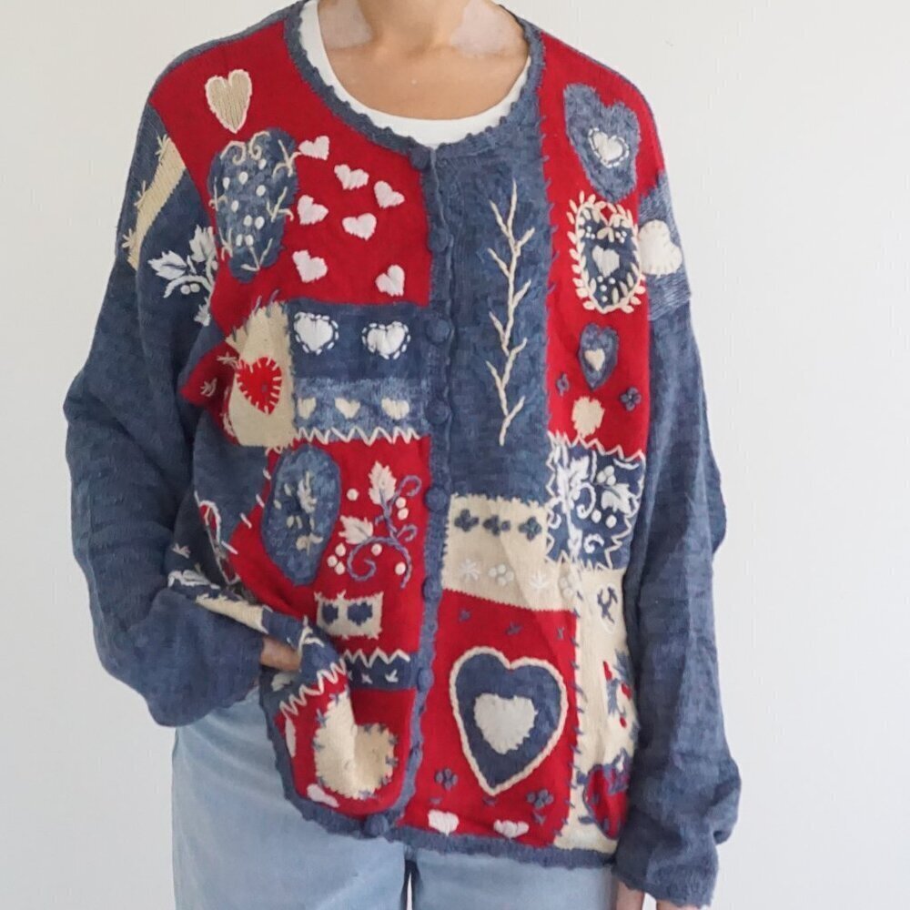 Vintage Heirloom Collectibles Blue Red Heart Floral Patchwork Knit Cardigan L